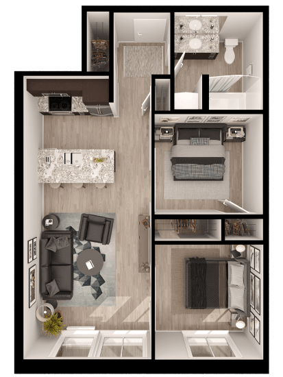 Floor plan for 2 beds, 1 bath, 755 sqft
